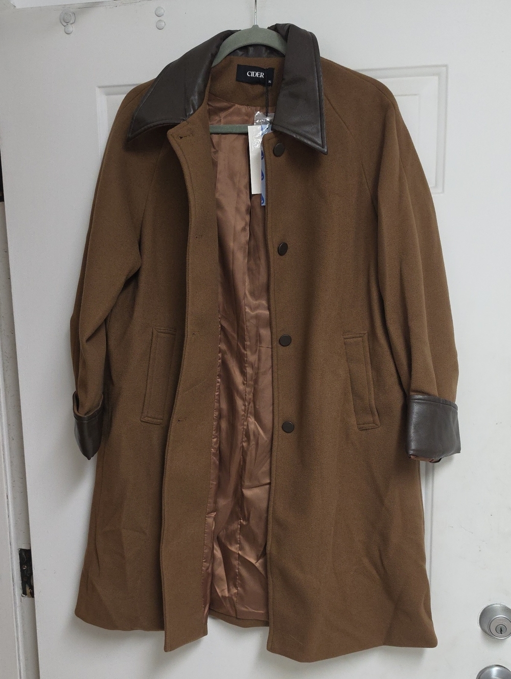 Cider Women's Tan Trench Coat with Dark Brown Leather Collar & Cuffs